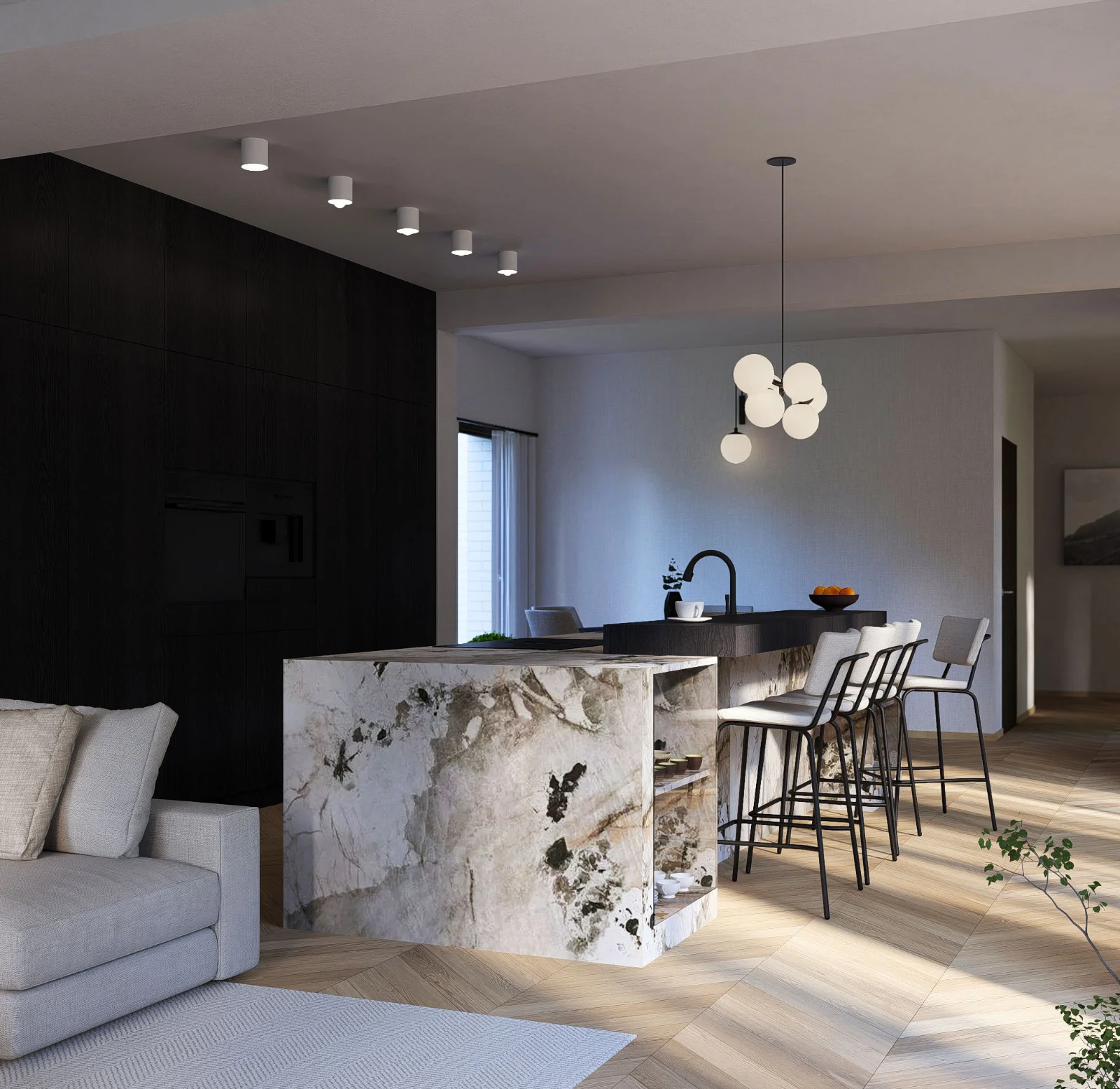 Elegancki salon z aneksem — detal projektu MK Studio