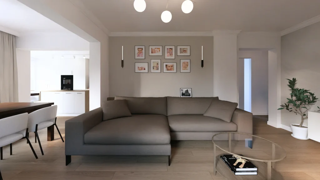 Salon z jadalnią i kuchnią zaprojektowany przez MK Studio