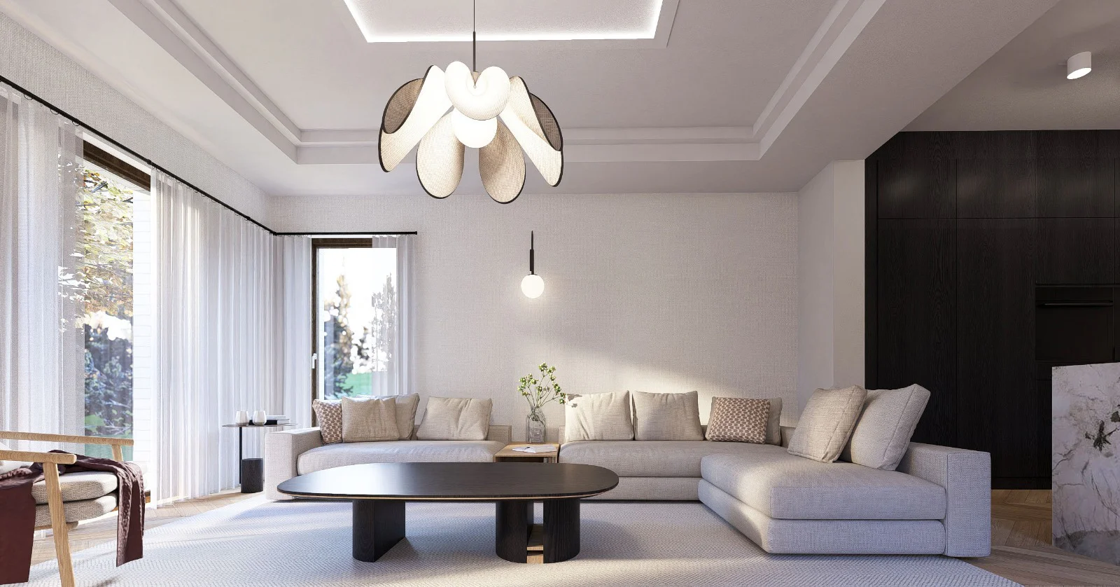Elegancki salon z aneksem — projekt wnętrza MK Studio